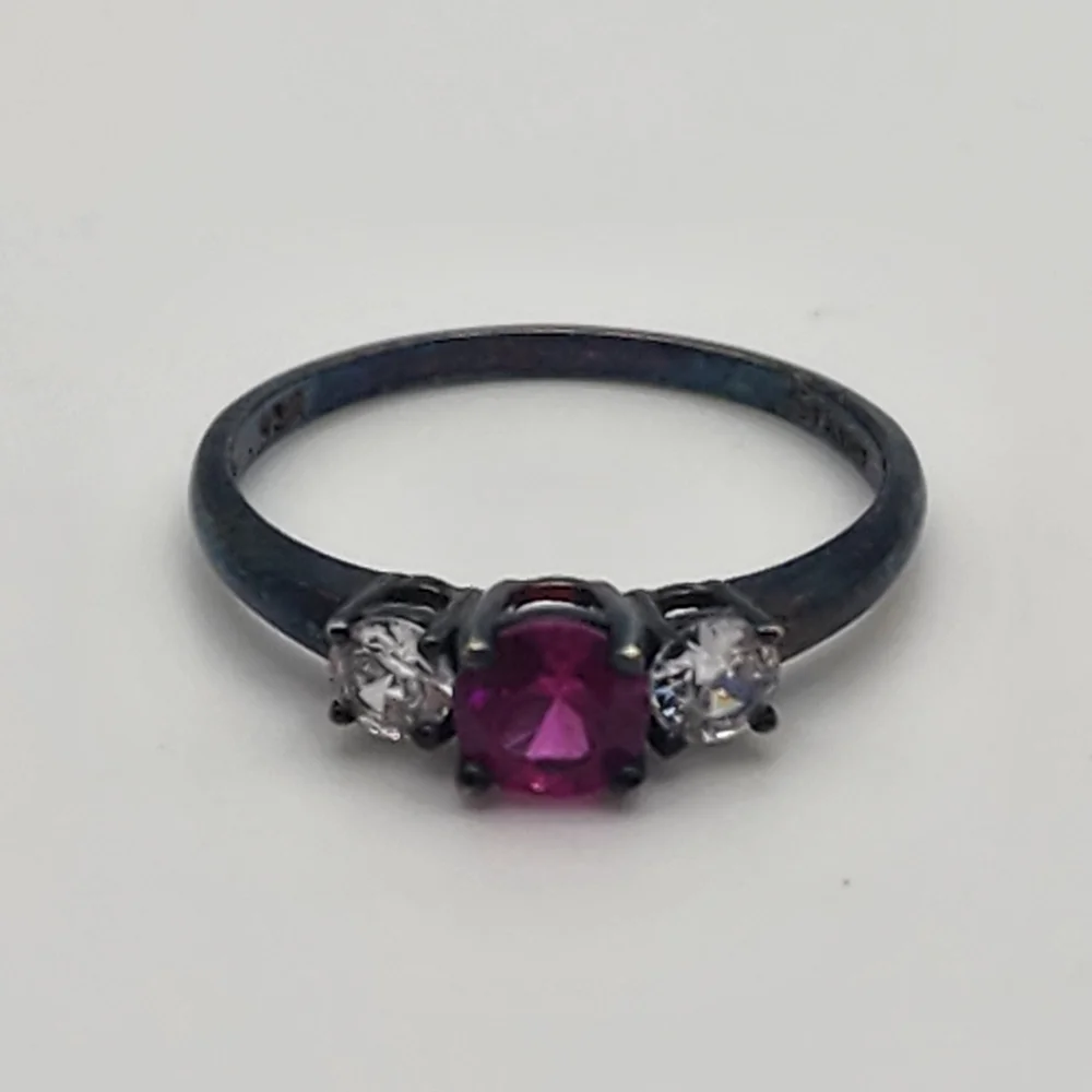 Stauer Blackened Sterling Silver Pink Ruby & Clear Cubic Zirconia Ring (7.25)